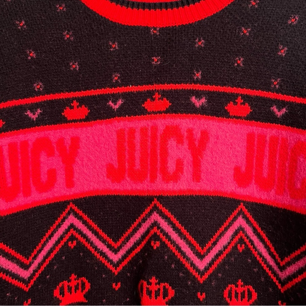 JUICY by Juicy Couture Fair Isle Crown Heart Red Pink Black Sweater Size Small - Picture 3 of 7